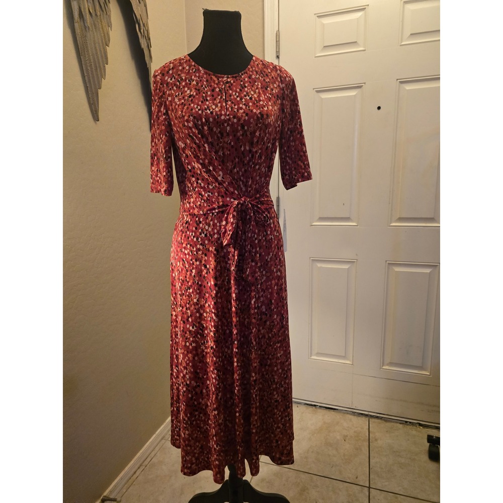 London Times Red Abstract Dot Print Faux Wrap Midi Dress Tie Waist Size 4